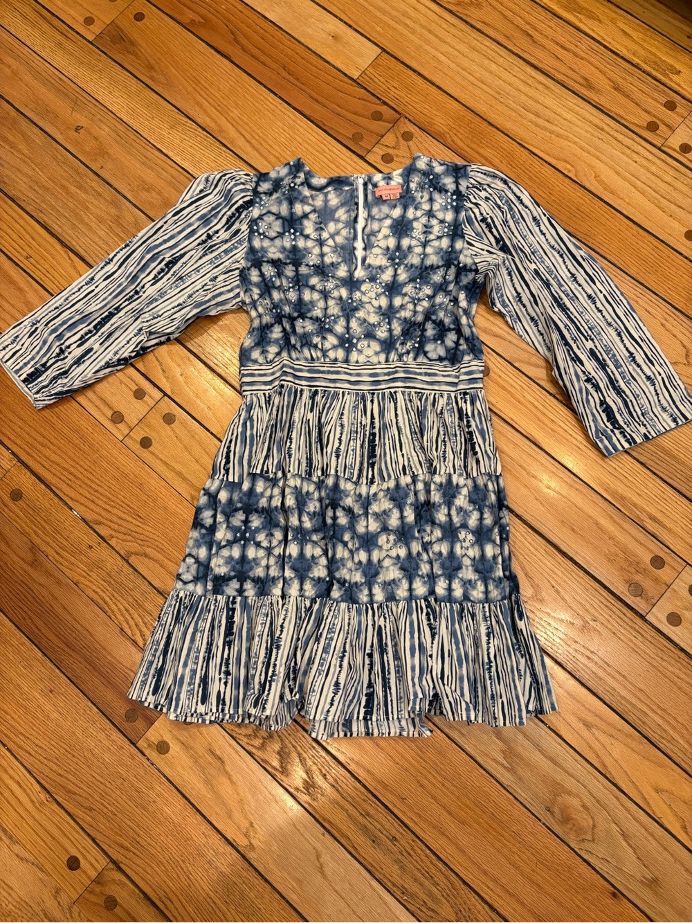 Anthropologie Not So Serious Blue Tie-Dye Patterned V-Neck Tiered Dress medium - Picture 2 of 4